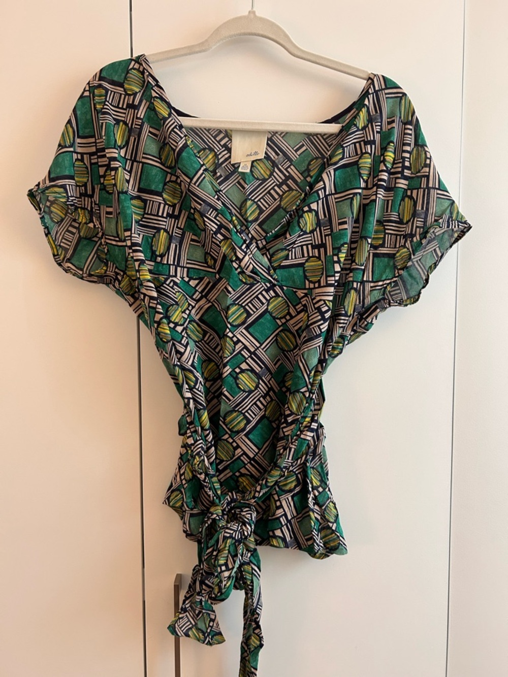 Odille Green & Black Geometric Wrap Blouse